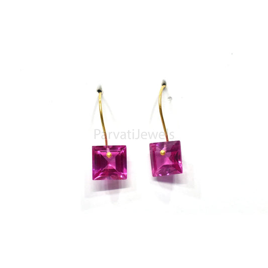 Square shape Tourmaline Solid Gold, 14K & 18K Gold Earrings, Beautiful Pink Tourmaline 18K Solid Gold Earrings, Handmade Earrings For Women
