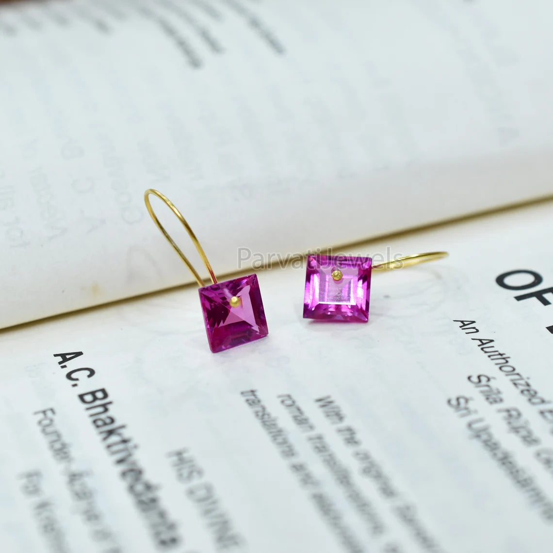 Square shape Tourmaline Solid Gold, 14K & 18K Gold Earrings, Beautiful Pink Tourmaline 18K Solid Gold Earrings, Handmade Earrings For Women