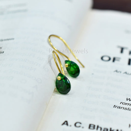 beautiful Solid 18k Gold Earrings, Delicate Emerald Earrings in 18K Gold, Drop Dangle Earrings Minimalist Handmade Earrings, Gift for Women