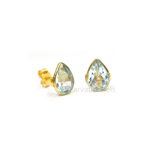 Beautiful Solid 18k Gold Earrings, Delicate Blue Topaz Stud Earrings, Drop Stud Earrings Minimalist Handmade Earrings, Gift for Women