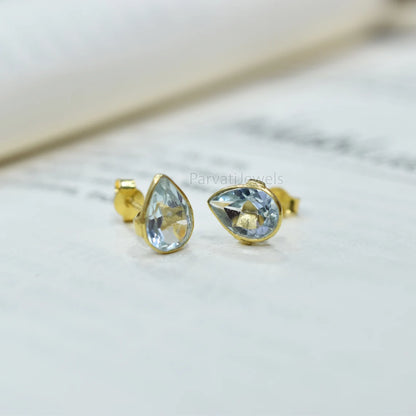 Beautiful Solid 18k Gold Earrings, Delicate Blue Topaz Stud Earrings, Drop Stud Earrings Minimalist Handmade Earrings, Gift for Women