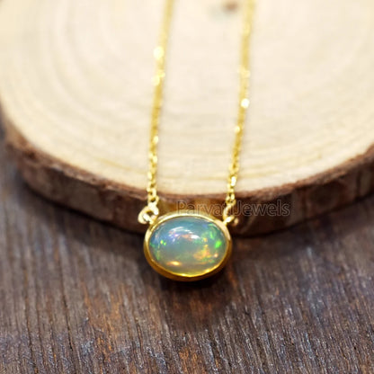 Natural Fire Opal 18k Solid Gold Charm Necklace Jewelry, Oval Shape Opal Charm Necklace, 18K Solid Gold Necklace, October Birthstone Jewelry