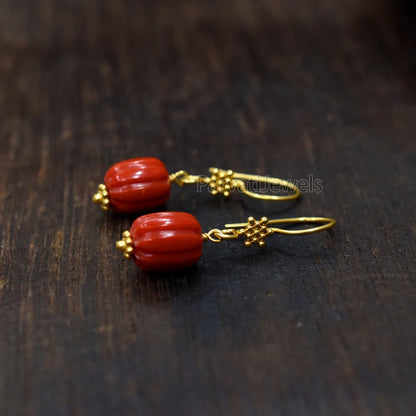 AA Red Coral Gemstone Earrings Collection, 18k Solid Gold Earrings, Coral Gold Earrings, Lab Created Coral 18k Gold Handmade Earrings