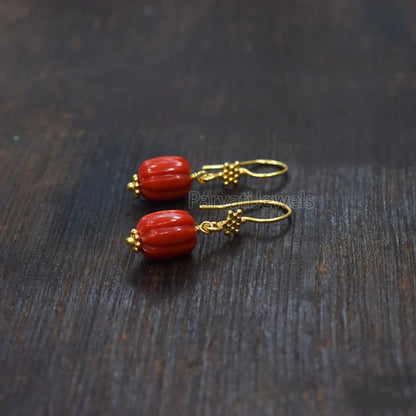 AA Red Coral Gemstone Earrings Collection, 18k Solid Gold Earrings, Coral Gold Earrings, Lab Created Coral 18k Gold Handmade Earrings
