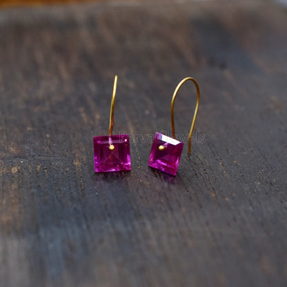 Square shape Tourmaline Solid Gold, 14K & 18K Gold Earrings, Beautiful Pink Tourmaline 18K Solid Gold Earrings, Handmade Earrings For Women