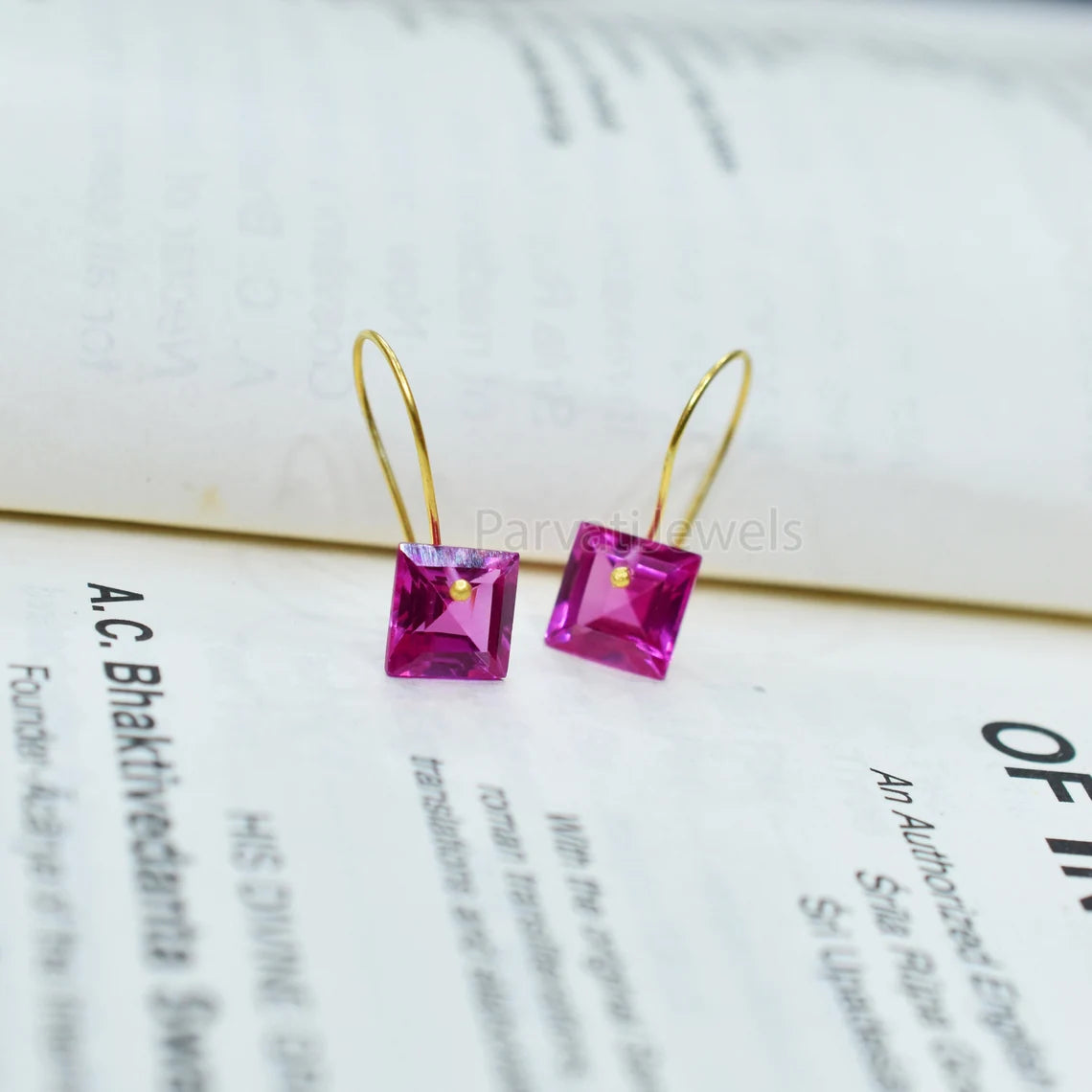 Square shape Tourmaline Solid Gold, 14K & 18K Gold Earrings, Beautiful Pink Tourmaline 18K Solid Gold Earrings, Handmade Earrings For Women