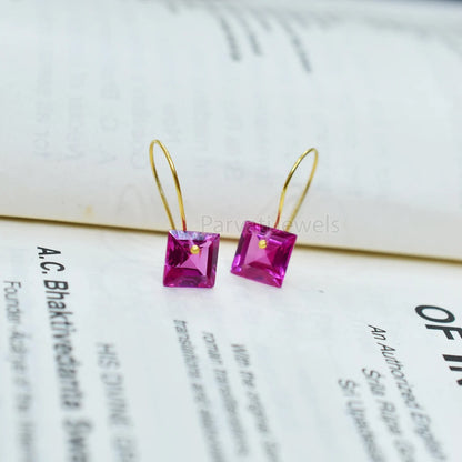 Square shape Tourmaline Solid Gold, 14K & 18K Gold Earrings, Beautiful Pink Tourmaline 18K Solid Gold Earrings, Handmade Earrings For Women