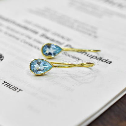 Natural Blue Sapphire Gemstone 18k Solid Gold Earrings, Gold Earrings, Blue Topaz Dangler Earrings, Natural Gold Earrings, Handmade Earring