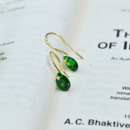 beautiful Solid 18k Gold Earrings, Delicate Emerald Earrings in 18K Gold, Drop Dangle Earrings Minimalist Handmade Earrings, Gift for Women