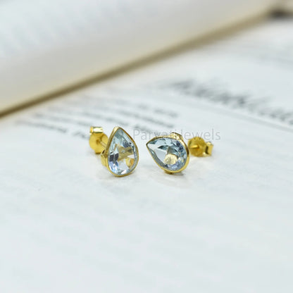 Beautiful Solid 18k Gold Earrings, Delicate Blue Topaz Stud Earrings, Drop Stud Earrings Minimalist Handmade Earrings, Gift for Women