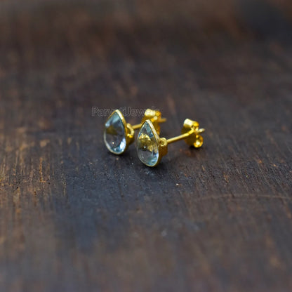 Beautiful Solid 18k Gold Earrings, Delicate Blue Topaz Stud Earrings, Drop Stud Earrings Minimalist Handmade Earrings, Gift for Women