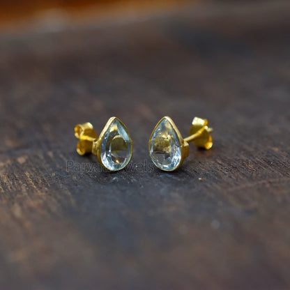 Beautiful Solid 18k Gold Earrings, Delicate Blue Topaz Stud Earrings, Drop Stud Earrings Minimalist Handmade Earrings, Gift for Women