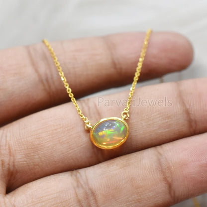 Natural Fire Opal 18k Solid Gold Charm Necklace Jewelry, Oval Shape Opal Charm Necklace, 18K Solid Gold Necklace, October Birthstone Jewelry