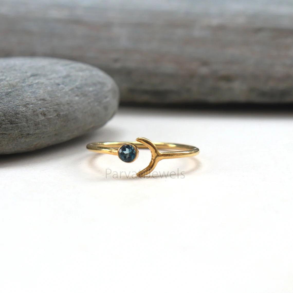 Natural Diamond, Emerald, London Blue Topaz, Moissanite Ring In Solid Gold, Stackable Rings, Anniversary Gift, Cresent Moon Style