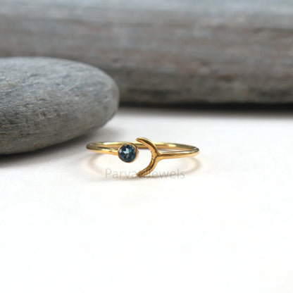 Natural Diamond, Emerald, London Blue Topaz, Moissanite Ring In Solid Gold, Stackable Rings, Anniversary Gift, Cresent Moon Style