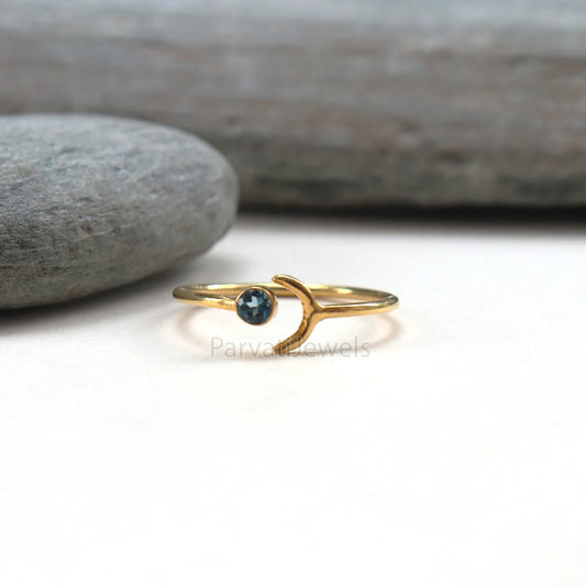 Natural Diamond, Emerald, London Blue Topaz, Moissanite Ring In Solid Gold, Stackable Rings, Anniversary Gift, Cresent Moon Style