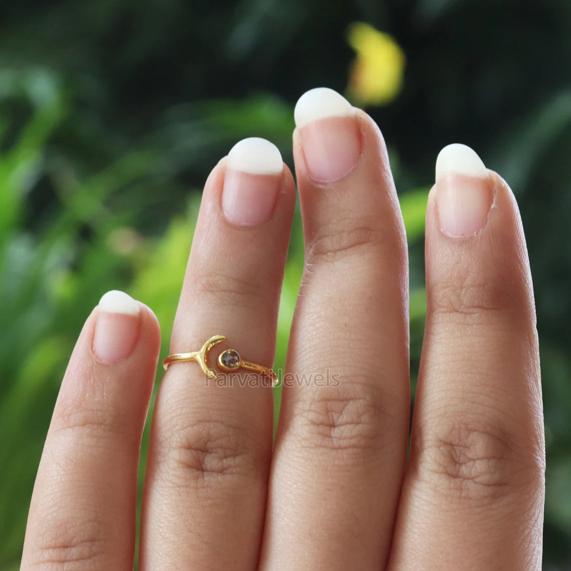 Natural Diamond, Emerald, London Blue Topaz, Moissanite Ring In Solid Gold, Stackable Rings, Anniversary Gift, Cresent Moon Style