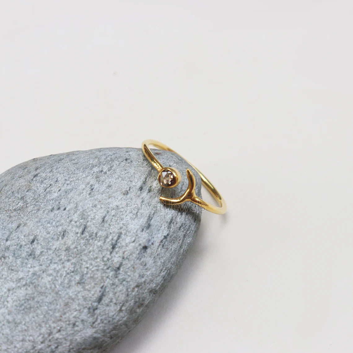 Natural Diamond, Emerald, London Blue Topaz, Moissanite Ring In Solid Gold, Stackable Rings, Anniversary Gift, Cresent Moon Style