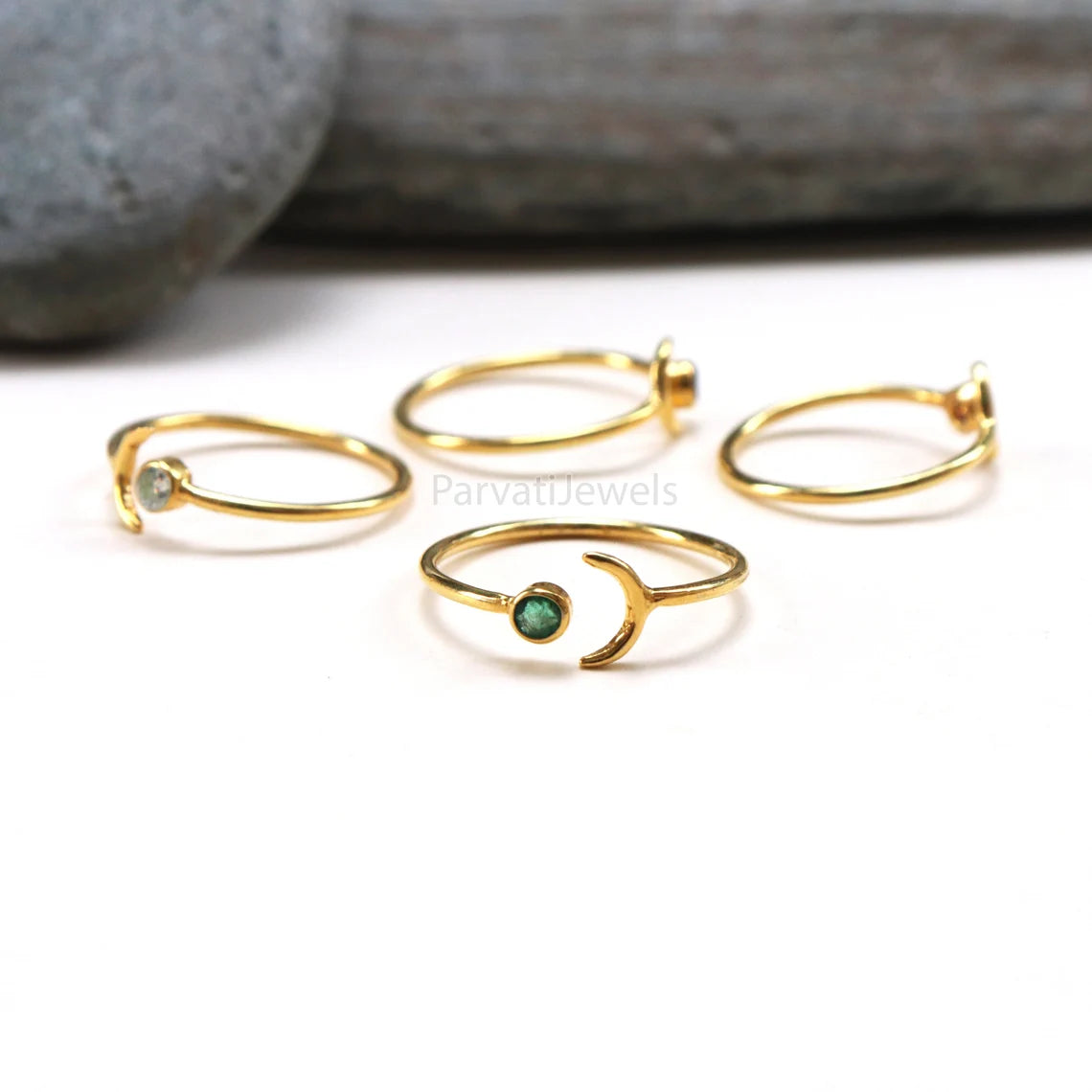 Natural Diamond, Emerald, London Blue Topaz, Moissanite Ring In Solid Gold, Stackable Rings, Anniversary Gift, Cresent Moon Style