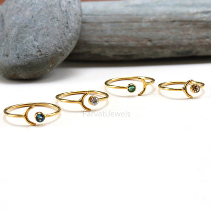 Natural Diamond, Emerald, London Blue Topaz, Moissanite Ring In Solid Gold, Stackable Rings, Anniversary Gift, Cresent Moon Style