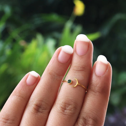 Natural Diamond, Emerald, London Blue Topaz, Moissanite Ring In Solid Gold, Stackable Rings, Anniversary Gift, Cresent Moon Style