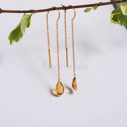 Natural Citrine Gold Earring, Solid Gold Earrings, Handmade Gold Earrings, Minimalist Hanging Earrings, Thread Earring, Gift for Her