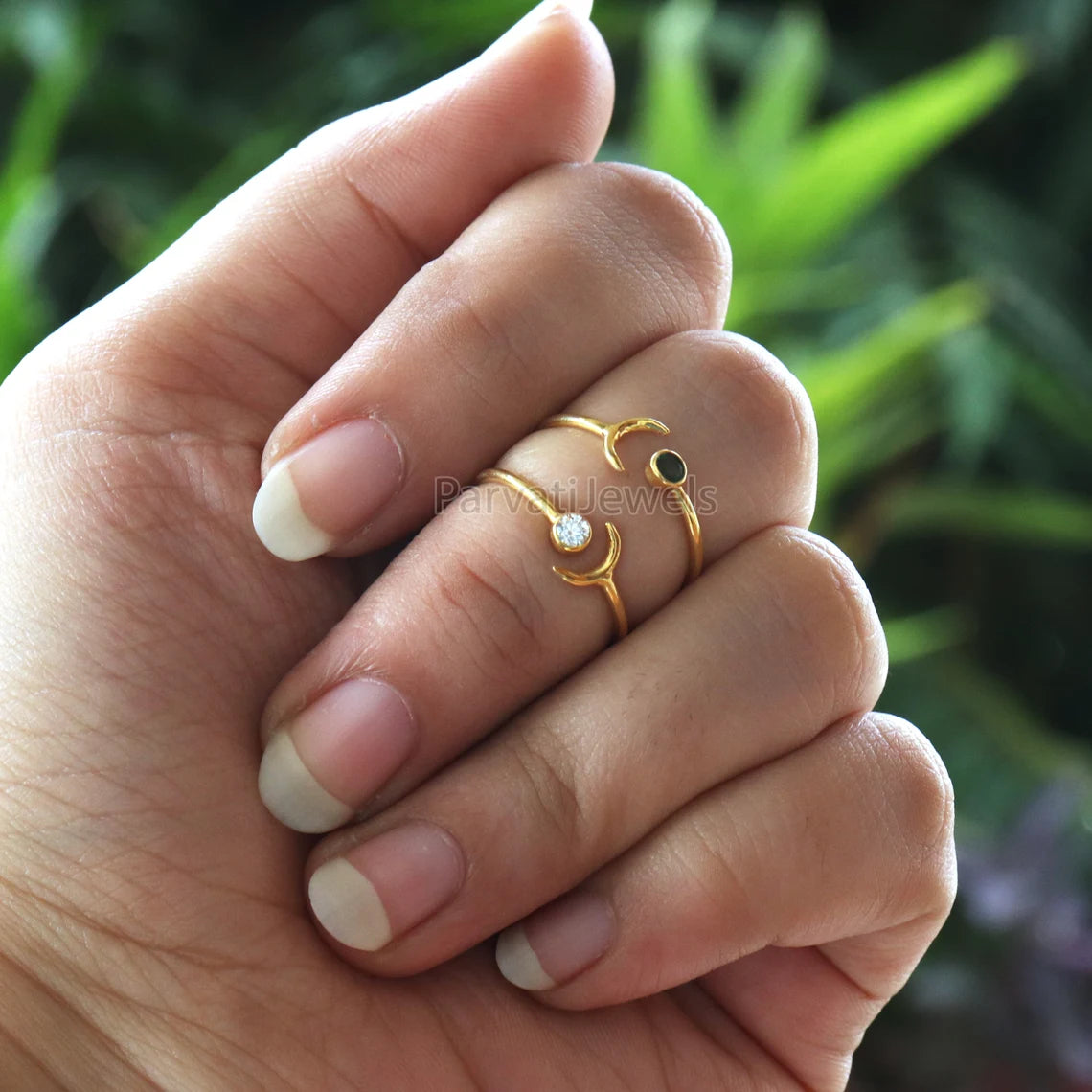 Natural Diamond, Emerald, London Blue Topaz, Moissanite Ring In Solid Gold, Stackable Rings, Anniversary Gift, Cresent Moon Style