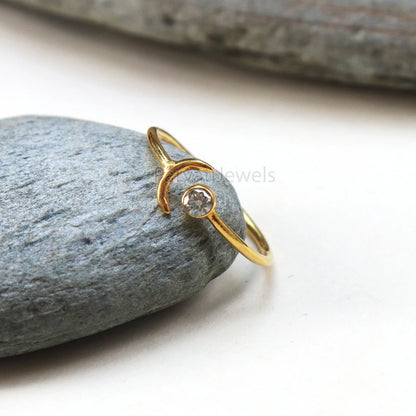 Natural Diamond, Emerald, London Blue Topaz, Moissanite Ring In Solid Gold, Stackable Rings, Anniversary Gift, Cresent Moon Style