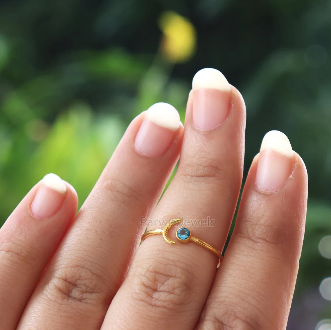 Natural Diamond, Emerald, London Blue Topaz, Moissanite Ring In Solid Gold, Stackable Rings, Anniversary Gift, Cresent Moon Style