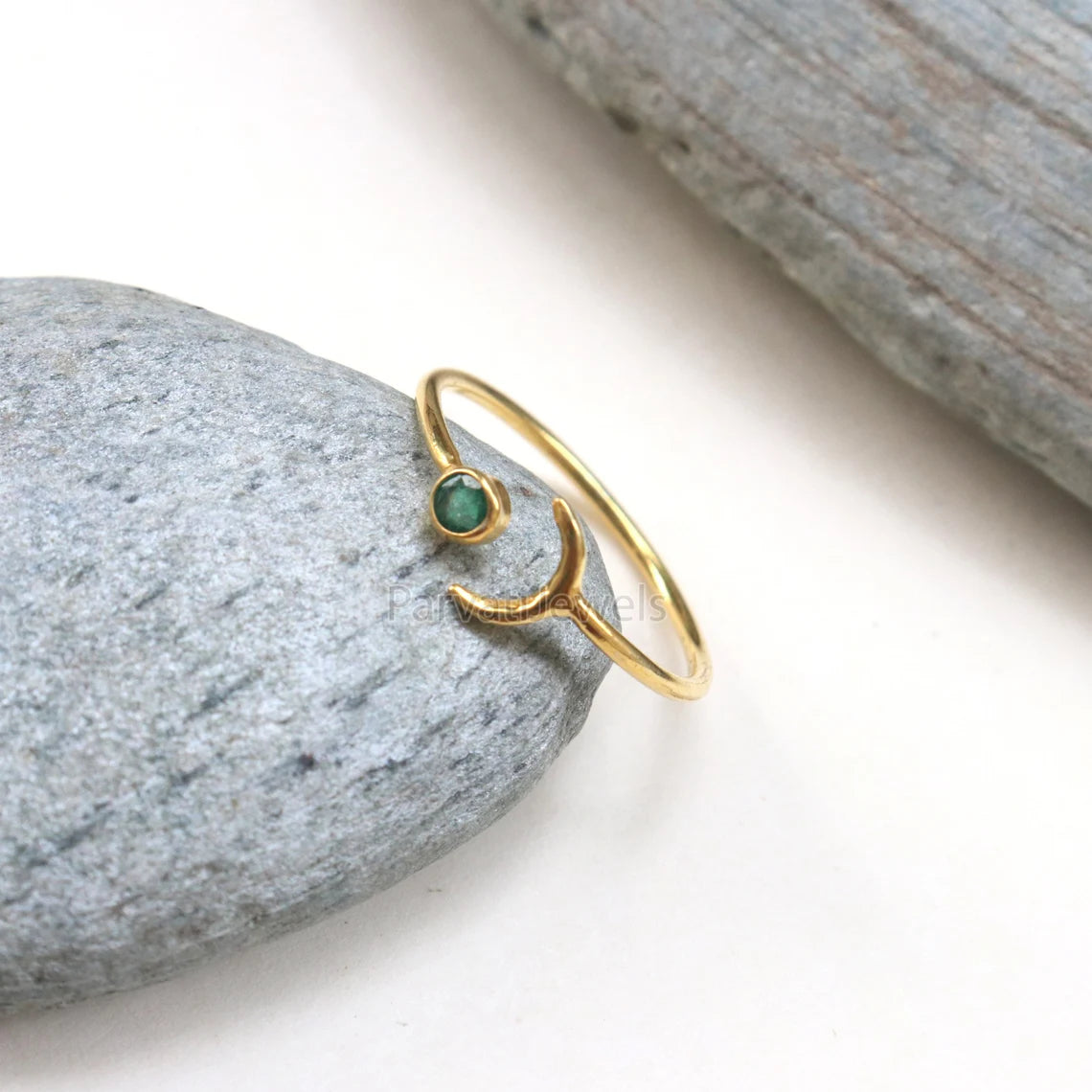 Natural Diamond, Emerald, London Blue Topaz, Moissanite Ring In Solid Gold, Stackable Rings, Anniversary Gift, Cresent Moon Style