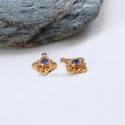 Natural Tanzanite Round Shape 14k & 18k Solid Gold Charm, Filigree Charm, tanzanite 14k Gold Charm, Charms For Earring Handmade Gold Charm