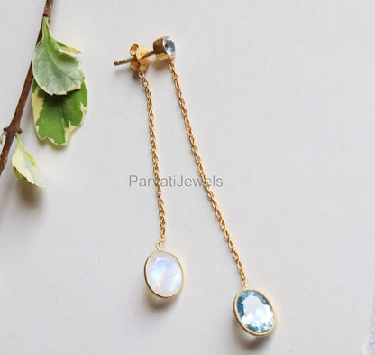 Natural Blue Topaz and Rainbow Moonstone Gold Earrings, Gold Earrings, Handmade Earrings, Detachable Earrings, Thread Earring, Gift for Her