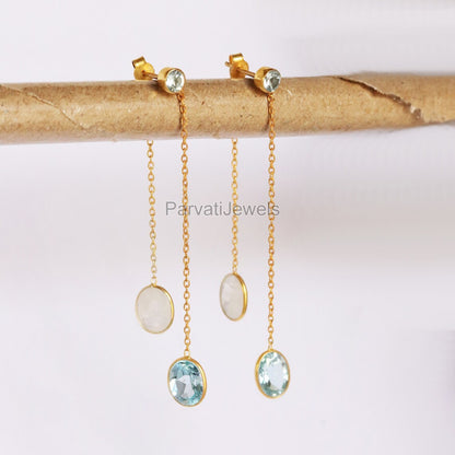 Natural Blue Topaz and Rainbow Moonstone Gold Earrings, Gold Earrings, Handmade Earrings, Detachable Earrings, Thread Earring, Gift for Her