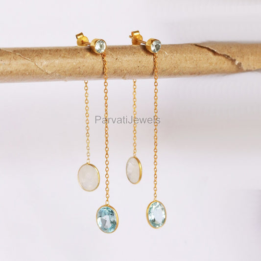 Natural Blue Topaz and Rainbow Moonstone Gold Earrings, Gold Earrings, Handmade Earrings, Detachable Earrings, Thread Earring, Gift for Her