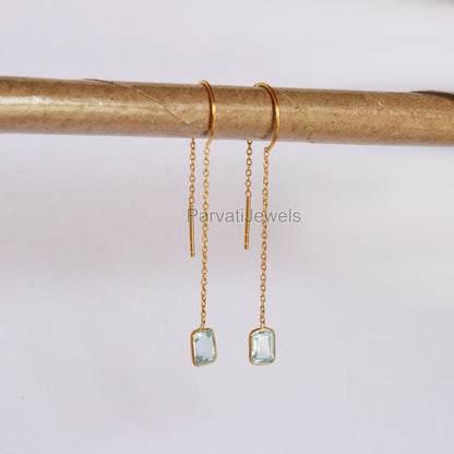 Natural Blue Topaz Gold Earring, Solid Gold Earrings, Handmade Gold Earrings, Minimalist Hanging Earrings, Thread Earring, Gift for Her