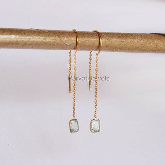 Natural Blue Topaz Gold Earring, Solid Gold Earrings, Handmade Gold Earrings, Minimalist Hanging Earrings, Thread Earring, Gift for Her