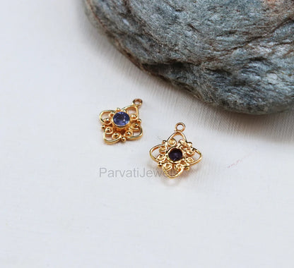 Natural Tanzanite Round Shape 14k & 18k Solid Gold Charm, Filigree Charm, tanzanite 14k Gold Charm, Charms For Earring Handmade Gold Charm