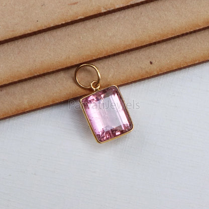 Pink Tourmaline 18K Gold Charm, Solid Gold Charm, Pink Tourmaline Gold Charm Pendant, Handmade Gold Charm, Minimalist 18k Gold Charm