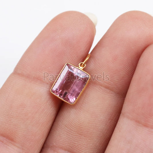 Pink Tourmaline 18K Gold Charm, Solid Gold Charm, Pink Tourmaline Gold Charm Pendant, Handmade Gold Charm, Minimalist 18k Gold Charm