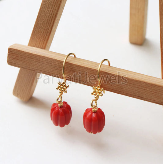 AA Red Coral Gemstone Earrings Collection, 18k Solid Gold Earrings, Coral Gold Earrings, Lab Created Coral 18k Gold Handmade Earrings