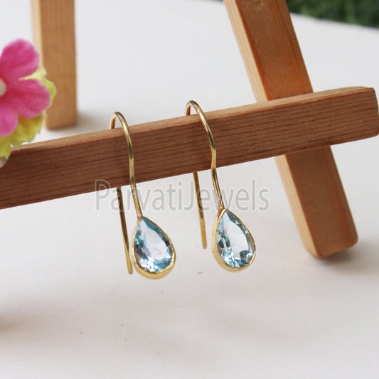 Natural Blue Sapphire Gemstone 18k Solid Gold Earrings, Gold Earrings, Blue Topaz Dangler Earrings, Natural Gold Earrings, Handmade Earring