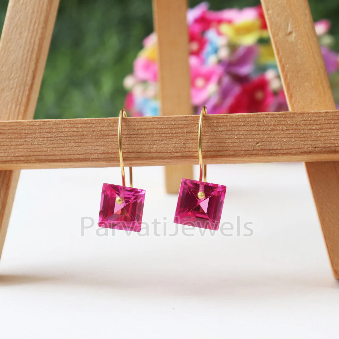 Square shape Tourmaline Solid Gold, 14K & 18K Gold Earrings, Beautiful Pink Tourmaline 18K Solid Gold Earrings, Handmade Earrings For Women