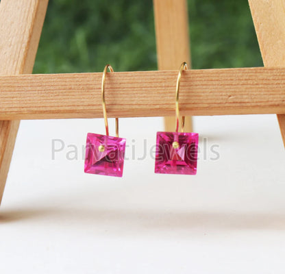 Square shape Tourmaline Solid Gold, 14K & 18K Gold Earrings, Beautiful Pink Tourmaline 18K Solid Gold Earrings, Handmade Earrings For Women