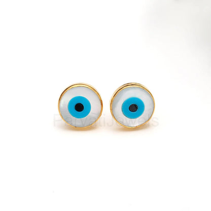 AA Evil Eye Stud Earrings, Solid 14k & 18k Gold Stud Earrings, Mother Of Pearl Gold Earrings, Evil Eye Stud Earrings, Handmade Gold Earrings