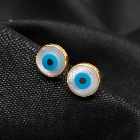 AA Evil Eye Stud Earrings, Solid 14k & 18k Gold Stud Earrings, Mother Of Pearl Gold Earrings, Evil Eye Stud Earrings, Handmade Gold Earrings
