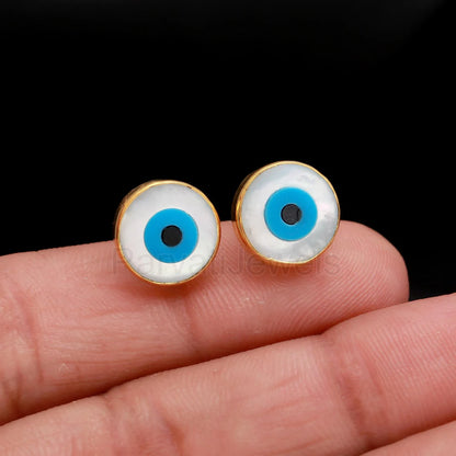 AA Evil Eye Stud Earrings, Solid 14k & 18k Gold Stud Earrings, Mother Of Pearl Gold Earrings, Evil Eye Stud Earrings, Handmade Gold Earrings
