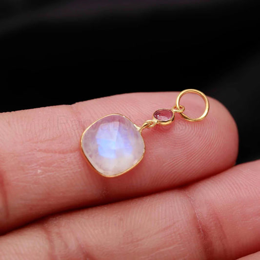 Natural Blue Rainbow Moonstone Tourmaline Charm, 18k Solid Gold Charm Pendant, Fire Moonstone Charm, Gold Charm Pendant, Handmade Gold Charm