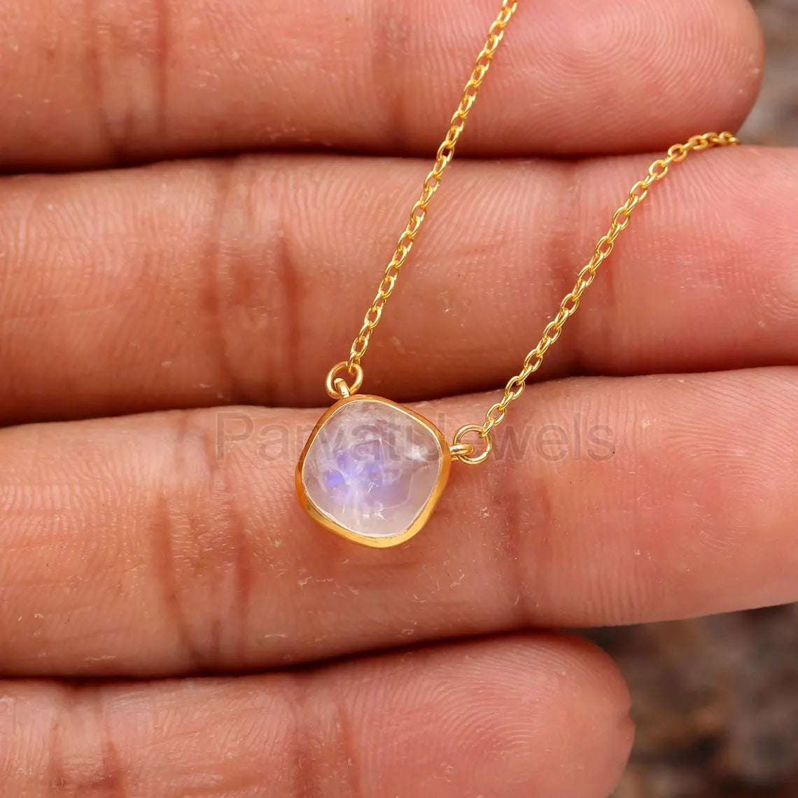 Natural Fire Rainbow Moonstone Necklace, 18k Solid Gold Necklace, Blue Moonstone Necklace, Handmade Gold Necklace, Birthstone Gold Necklace