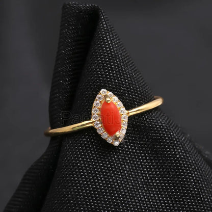 Natural Coral With Diamond Gold Ring, 14K Solid Gold Ring, Diamond Ring, Engagement Ring , Coral Gold Ring, April Birthstone Ring, Gold Ring