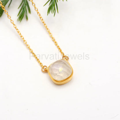 Natural Fire Rainbow Moonstone Necklace, 18k Solid Gold Necklace, Blue Moonstone Necklace, Handmade Gold Necklace, Birthstone Gold Necklace